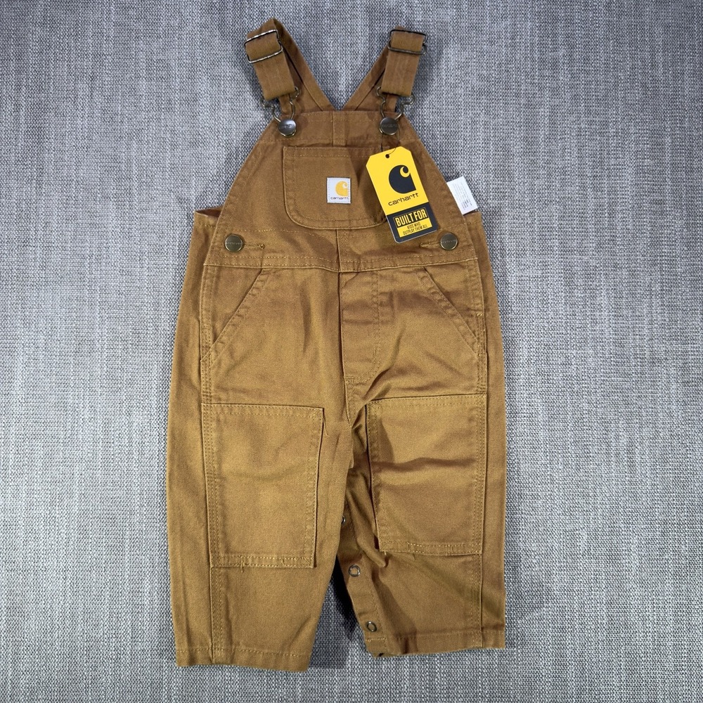 Carhartt Overalls Boys 3-6 Months Brown Canvas Bib Pants Snap Pockets Workwear